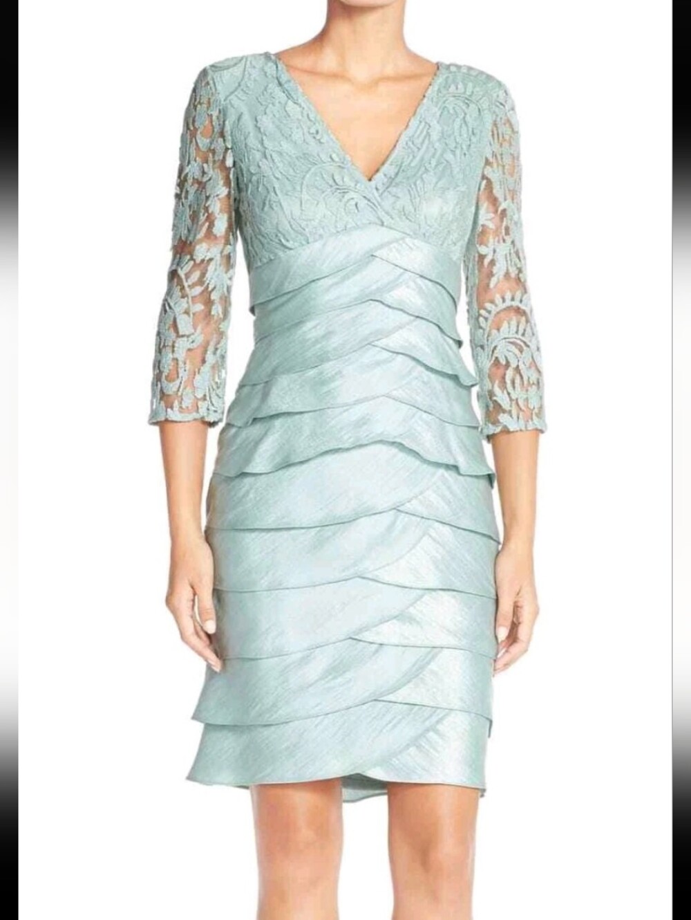 Adrianna Papell Size 6 Mint Green Dress Formal Cocktail Lace Bodice Tiered Layer